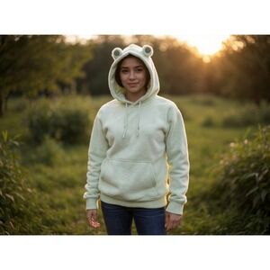 Women‎ Frog Hooded Sweatshirt Cute Kawaii Plush Pullover whimsical Sz Xl cozy